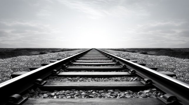 Railroad tracks disappearing into the distance, black and white color - Powered by Adobe
