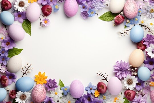 Easter composition with painted eggs and spring flowers.
