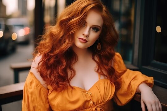 Bold And Bright Plus Size Redhead Model In Casual Dress