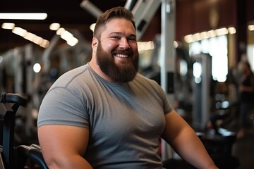 Fototapeta na wymiar Candid Portrait Of Smiling Plus Size Man In The Gym. Сoncept Body Positivity, Fitness Inspiration, Gym Motivation, Plus Size Representation