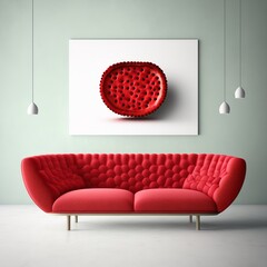 Red sofa in strawberry texture in front of white wall soft comfortable sitting and lying place with lamp embroidered Generative AI
