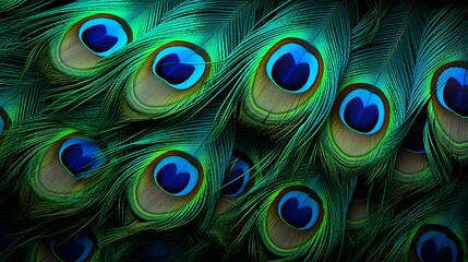 Macro close up Colorful peacock feathers, shallow dof texture of peacock feathers Beautiful background, rich color.Animal bird background
