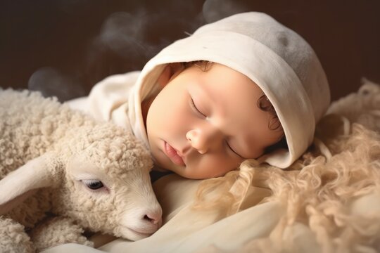 Christmas Card With Baby And Lamb, Nativity Scene