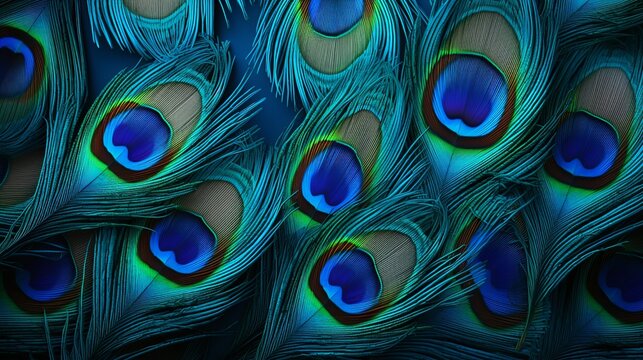 Macro close up Colorful peacock feathers, shallow dof texture of peacock feathers Beautiful background, rich color.Animal bird background
