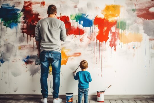 Father And Son Painting Wall Together Using Technology