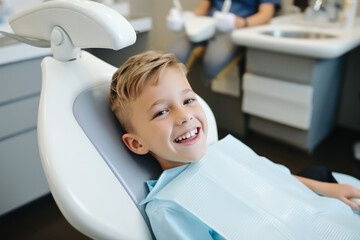 Happy Child Boy In Dentists Office, Representing Childrens Dentistry - obrazy, fototapety, plakaty
