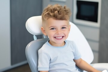Fototapeta premium Happy Child Boy In Dentists Office, Representing Childrens Dentistry Highquality Photo