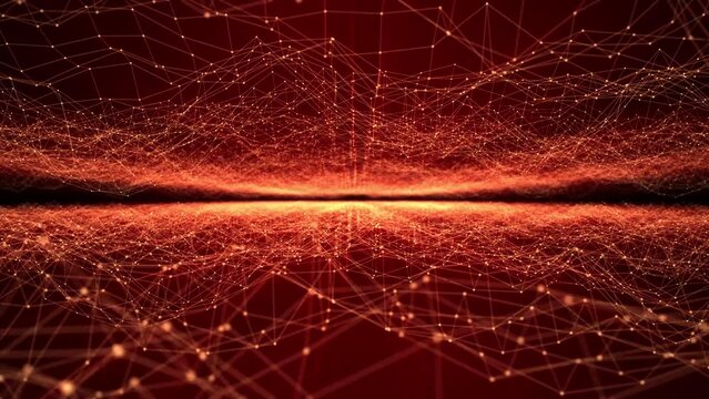 Abstract animation of flying through a hot landscape with a glowing wavy field of plexus made of shiny dots and lines on a dark orange background , motion graphics , 4k , 60 fps