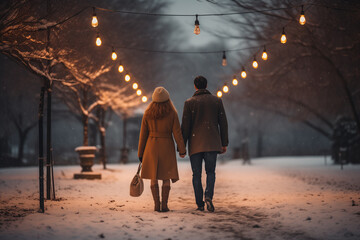 couple on a walk in the park on a date in winter - obrazy, fototapety, plakaty