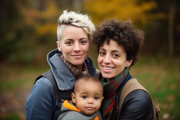 Fototapeta na wymiar Lesbian Couple With Toddler In Arms, Family Portrait