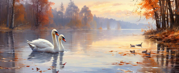 Wall painting with a pair of white geese in vintage style around the lake High quality photo - obrazy, fototapety, plakaty