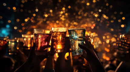 Close-up of three people hands high raising large cocktail glasses to celebrate a very happy event with a blurry sparkle background - obrazy, fototapety, plakaty