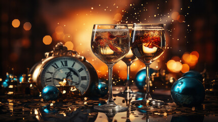 Close-up of three stemmed glasses with sparkling liquid and blue shiny balls and an old clock on a table in festive mood with a shiny and sparkle blurry orange background - obrazy, fototapety, plakaty