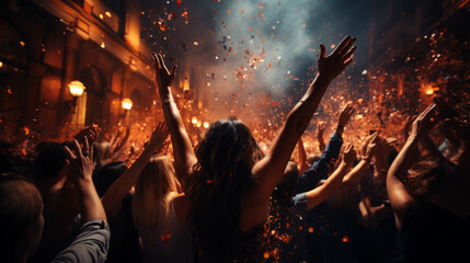 Close view on the back of a woman in euphoria into a street crowd in jubilation to celebrate a very happy event with white smoke and orange sparkle in blurry background