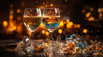 Close-up of two stemmed glasses with sparkling liquid and gold shiny decorations on a table in festive mood with a shiny and sparkle blurry orange background