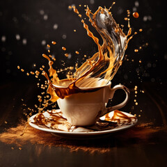 Fantastic Splash wave of coffee with drops and a dof effect inside a white cup with a front light and a dark background