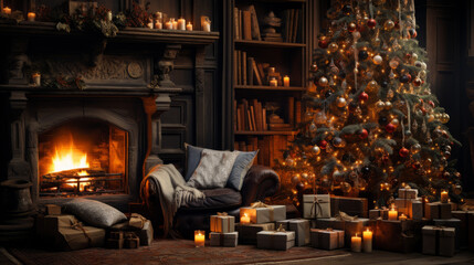 Closer view of a Large Christmas gold silver tree with many paper and golden gifts in front of a sculpted stone fireplace and wall bookcase with some candles and a warm lighting