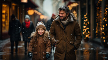 Obraz premium Front view of an happy daddy with his young smiling daughter walking in a pedestrian street under the snow with many blurry luminous Christmas decorations