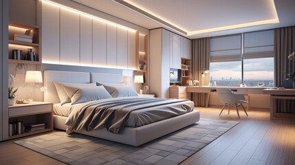 Large 3D Bedroom interior with refined modern style and light wood with pastel colors and a city view