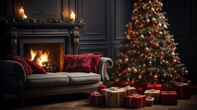 Closer view of a Large Christmas red and gold tree with many paper and red gifts beside a sofa and a sculpted stone fireplace with few candles and a warm lighting