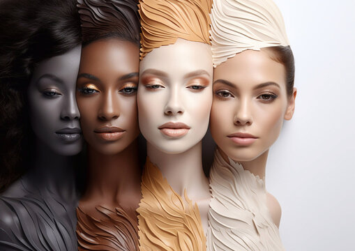 Beautiful women faces created from makeup foundation swatches as creative beauty portrait on light background.Illustration.AI Generative.