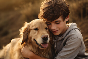 A boy hugs a dog