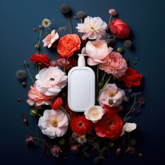 Pink and peach flowers surround an empty white bottle, perfect for branding, on a navy blue background