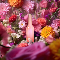 Brightly colored flowers of various types encircle a pink bottle in a lush, vibrant setting
