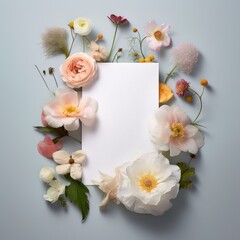 Delicate floral composition with pastel colors surrounding a central blank space