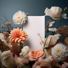 Artificial flowers in soft tones with a central paper mockup for message or design