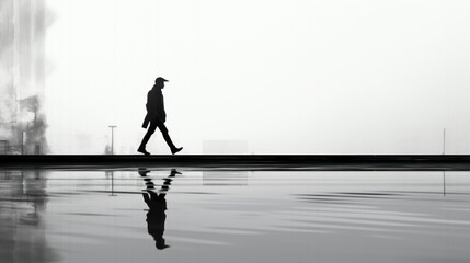 Silhouette of a person walking in the rain, black and white color, background