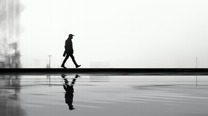 Obraz premium Silhouette of a person walking in the rain, black and white color, background