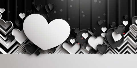 A wall decorated with black and white hearts cut from paper. A wall for a Valentine's Day photo shoot. Banner with hearts. Copy space.