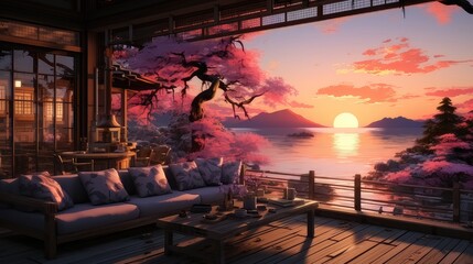 Japanese House Interior. Anime-Inspired Artstyle Meets Cozy Lofi Asian Architecture with Serene Sea Water Views - obrazy, fototapety, plakaty