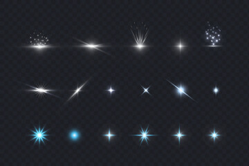 Glare glowing particles light rays set on transparent background. Vector shiny stars isolated, light effects.