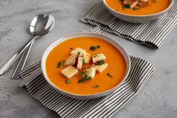 Homemade Butternut Squash Soup in a Bowl, side view.