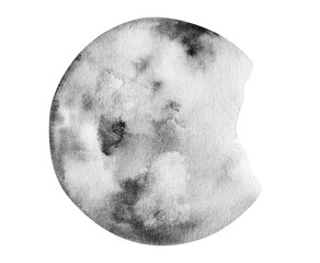 Black and white full moon watercolor painting, astrology symbol in galaxy. Astronomy planet nearest to Earth in cosmic space