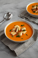 Homemade Butternut Squash Soup in a Bowl, side view.