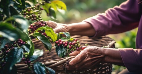 Naklejka na ściany i meble Farmer picking and harvesting red coffee beans in the field