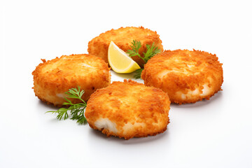 a group of four crab cakes with a lemon wedge
