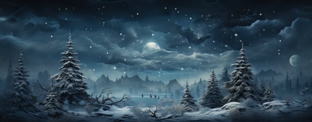 Winter landscape, falling snow over spruce tree forest at night