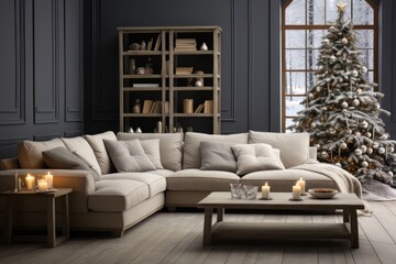 Obraz premium christmas tree in living room with couch and table