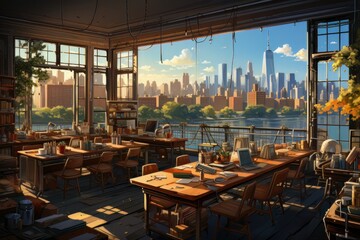 Naklejka premium classroom scene of children setting up tables