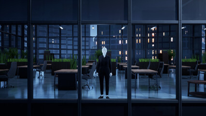 A robot humanoid staying in the empty office and looking out the window at the big night city. future technology concept