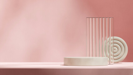 pink wall, glass and circle decor, 3d render image empty space green cylinder podium in landscape
