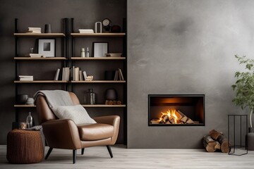 armchair with fireplace and concret wall