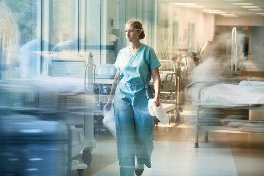 Long exposure photo of a nurse or doctor wearing a mask in a hospital corridor, concept of busyness in a hospital