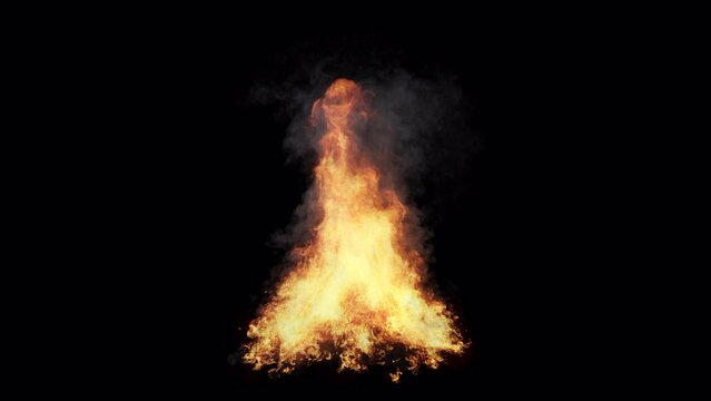 A solitary campfire burns brightly in isolation against a pitch-black background, featuring an alpha channel. The incorporation of an alpha channel ensures smooth integration into video compositions.