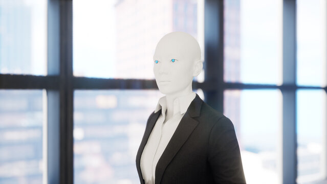 A robot humanoid staying in the empty office and looking out the window at the big city. future technology concept