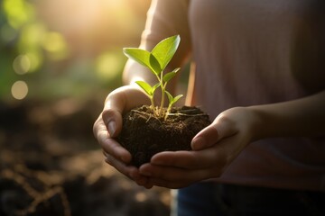 Volunteer or farmer planting tree seedlings, holding seedlings, sustainable process preventing global warming